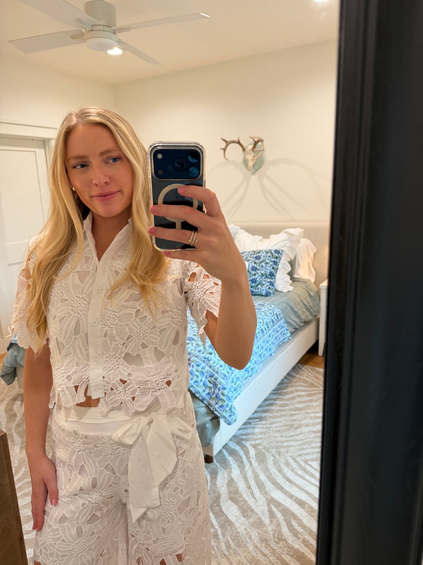 Crochet Floral Lace Button-Down Shirts & Wide Leg Pant Set