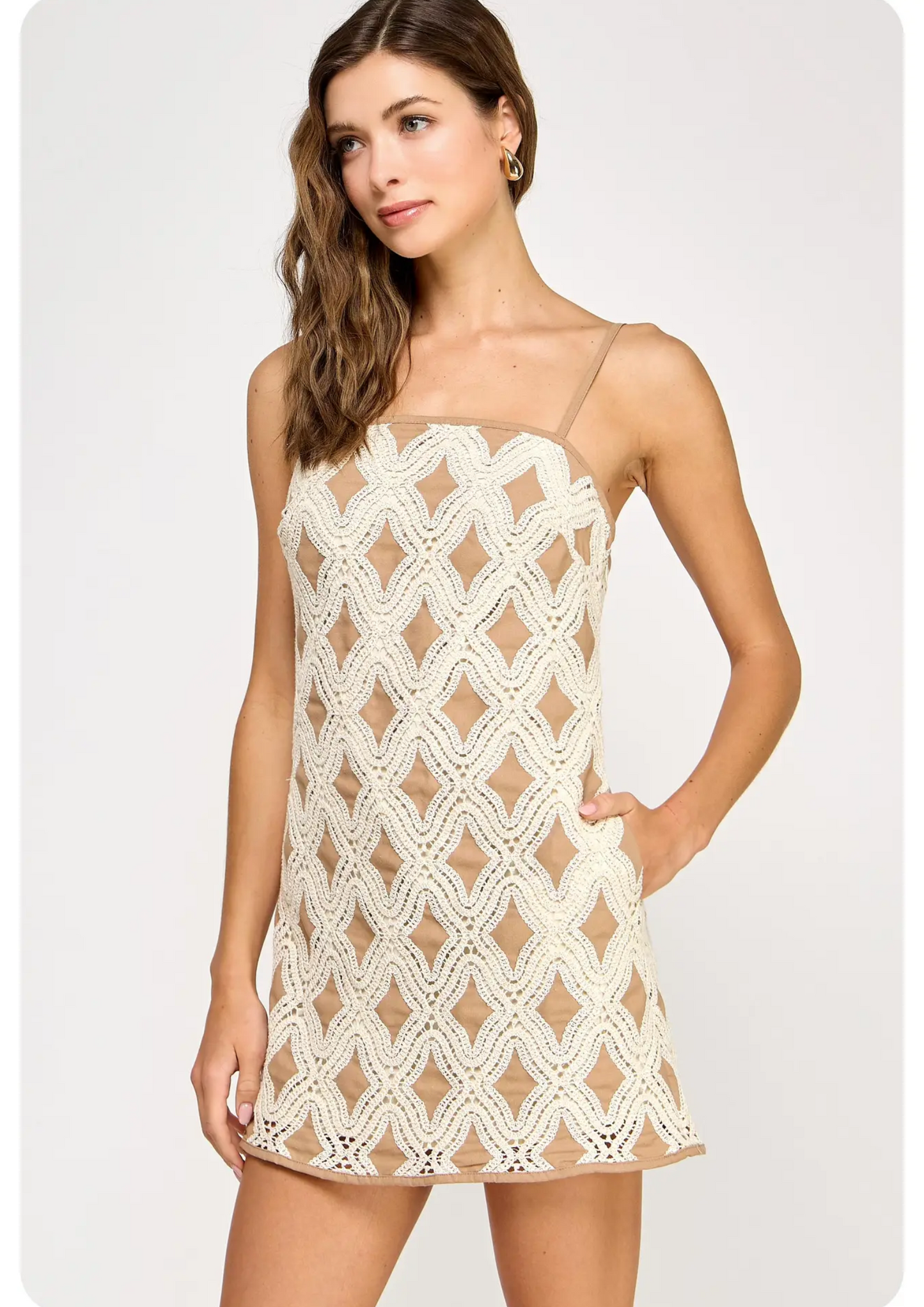 CONTRAST DIAMOND CROCHET MINI DRESS