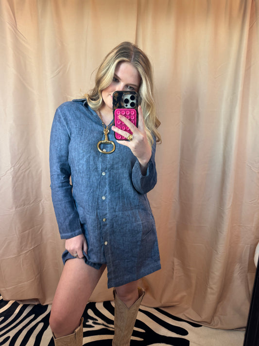 Denim Pearl Button Dress