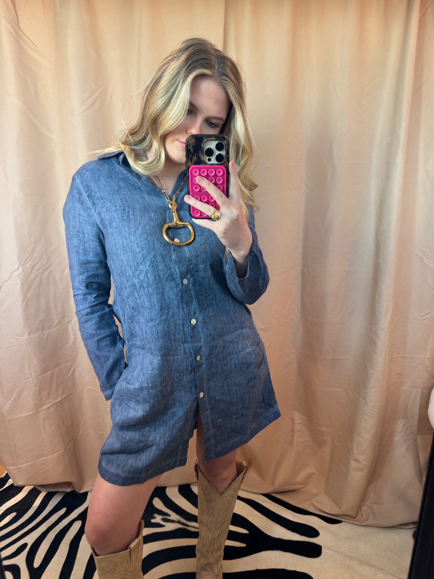 Denim Pearl Button Dress