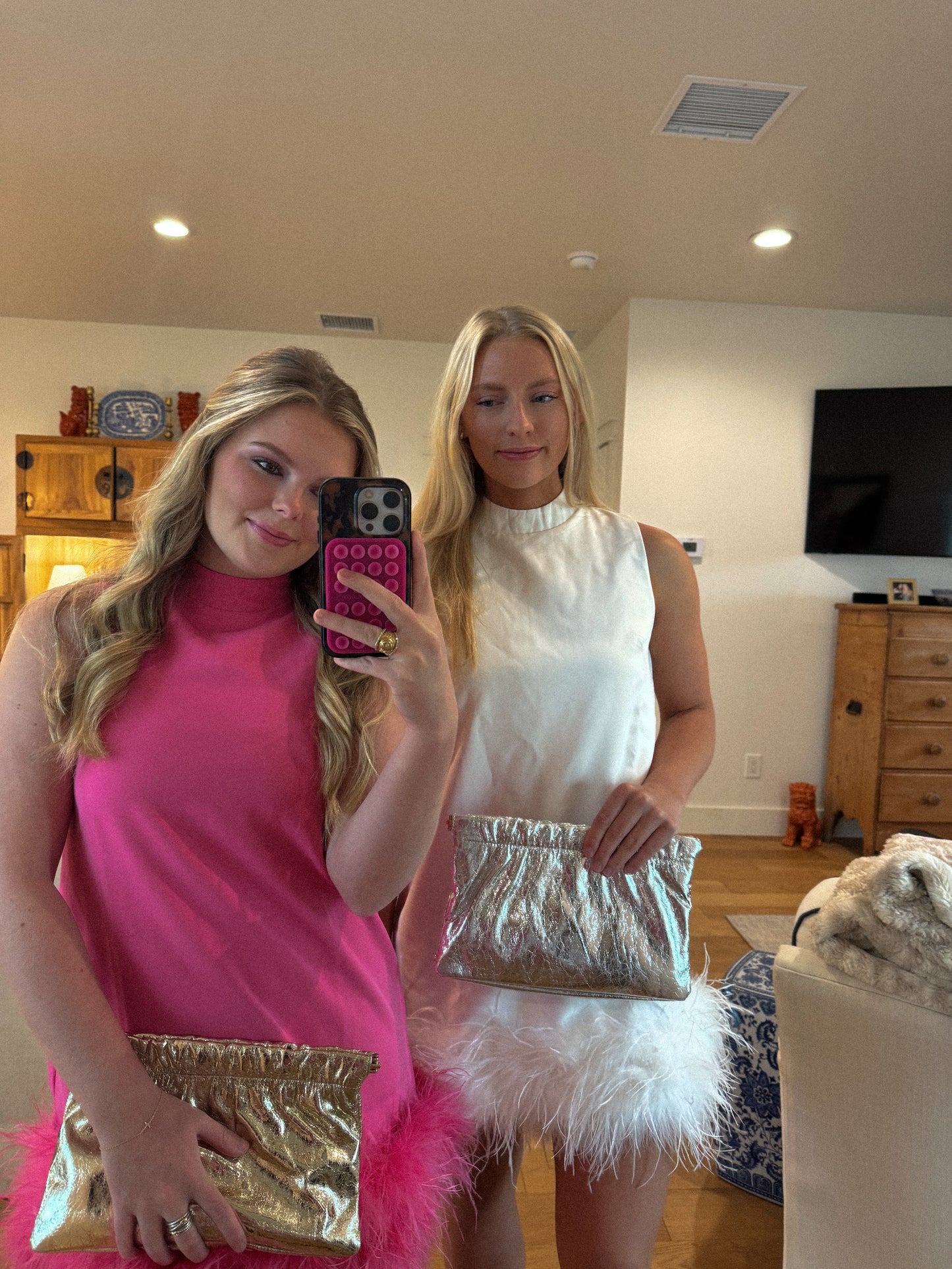 Pink Ostrich Feather Turtleneck Sleeveless Shift Dress
