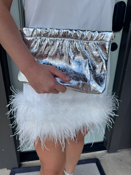 White Ostrich Feather Turtleneck Sleeveless Shift Dress