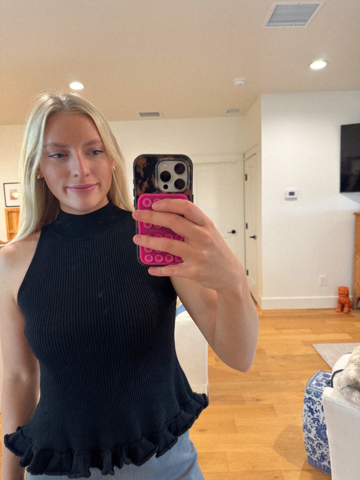 Ruffled Hem Mock Neck Knit Top