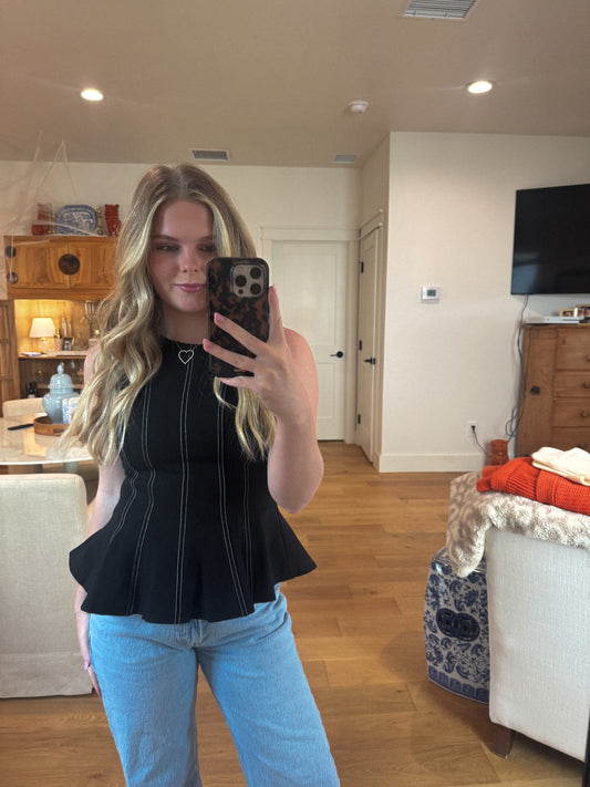 Black Stitched Peplum Top