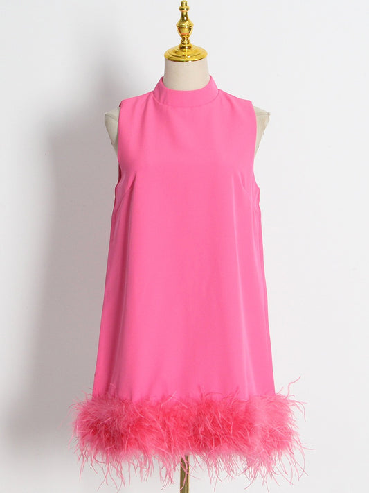 Pink Ostrich Feather Turtleneck Sleeveless Shift Dress