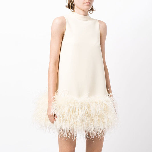 White Ostrich Feather Turtleneck Sleeveless Shift Dress