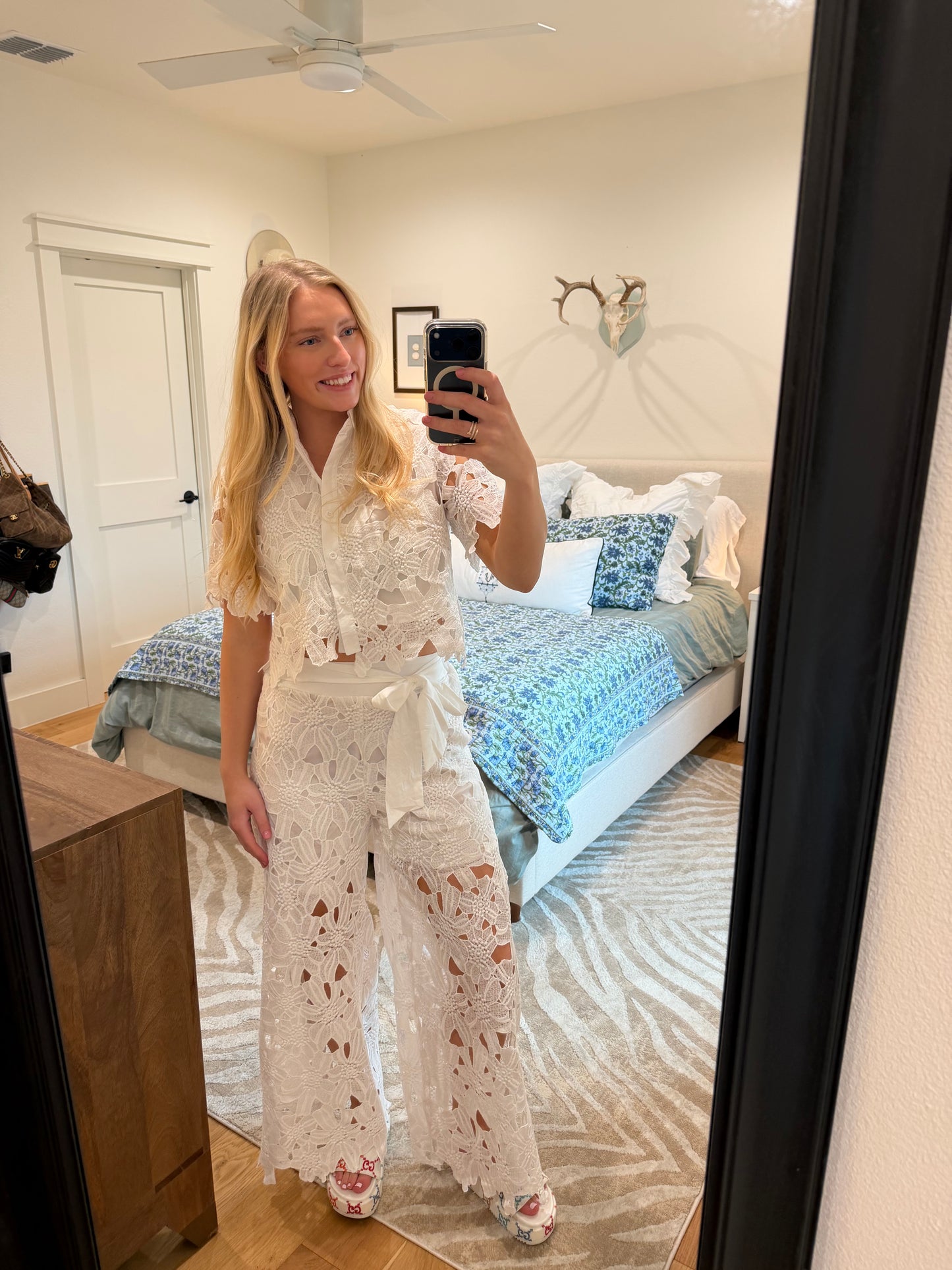 Crochet Floral Lace Button-Down Shirts & Wide Leg Pant Set