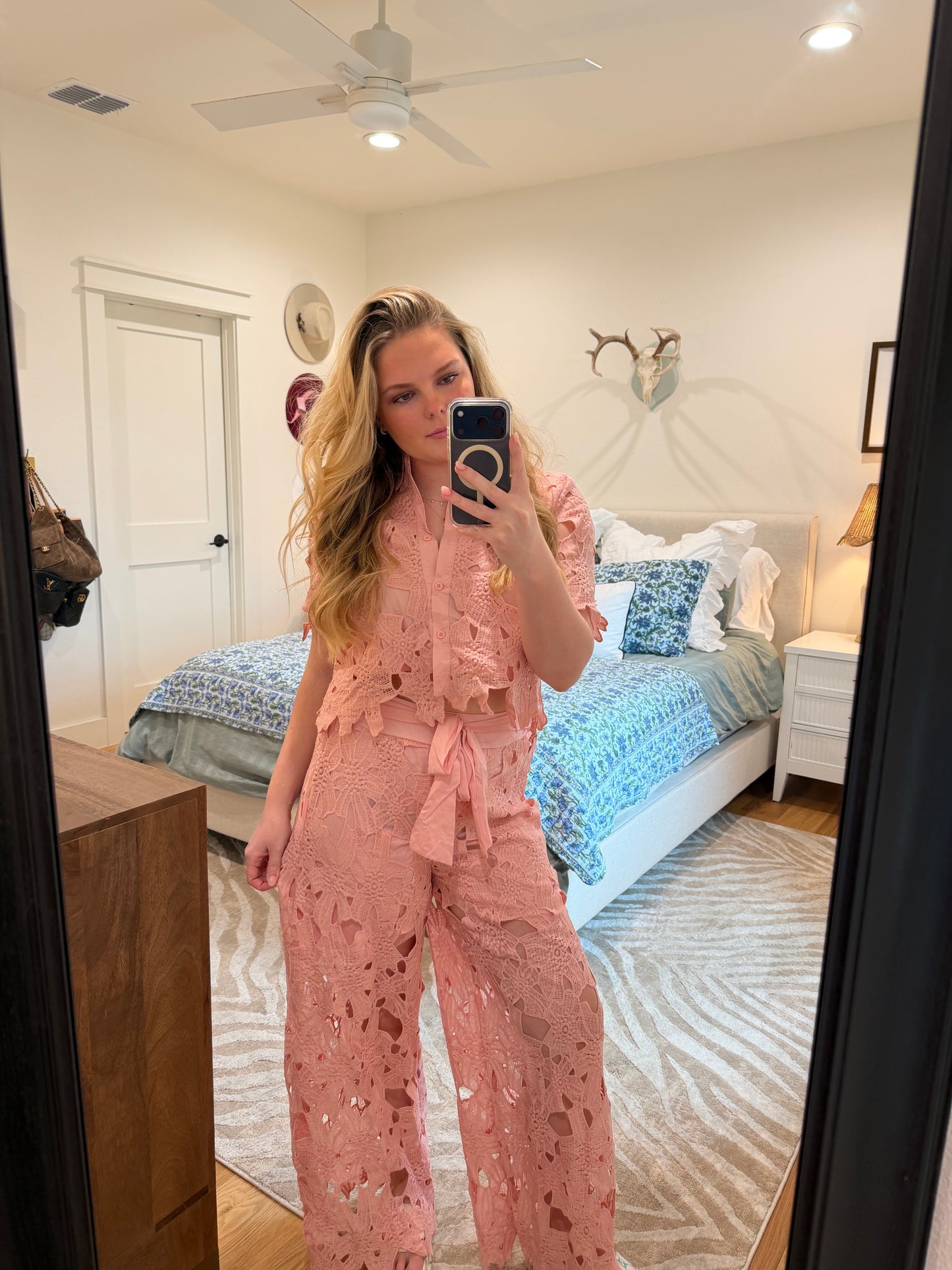 Crochet Floral Lace Button-Down Shirts & Wide Leg Pant Set