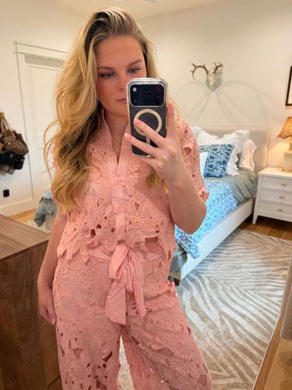 Crochet Floral Lace Button-Down Shirts & Wide Leg Pant Set