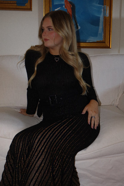 Shimmer Fitted Ribbed Long Dress