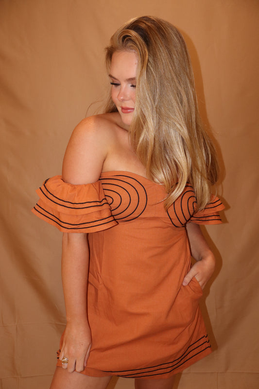 OFF-SHOULDER EMBROIDERED LINEN MINI DRESS