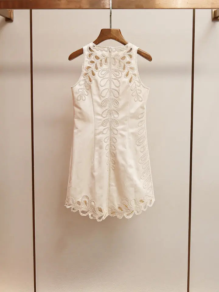 Embroidered Sleeveless Dress with Scalloped Hem