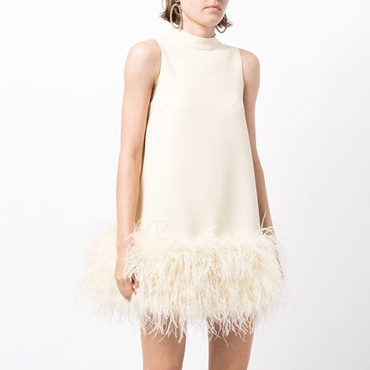 White Ostrich Feather Turtleneck Sleeveless Shift Dress