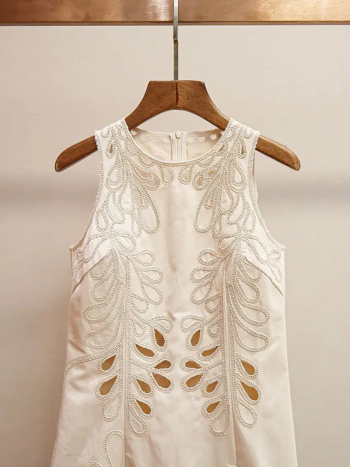 Embroidered Sleeveless Dress with Scalloped Hem