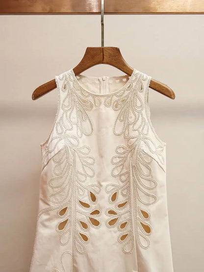 Embroidered Sleeveless Dress with Scalloped Hem