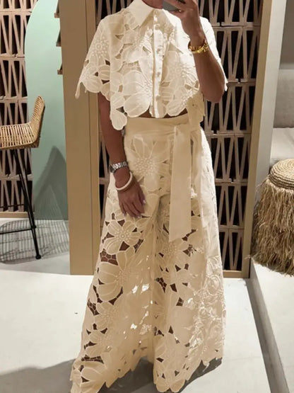 Crochet Floral Lace Button-Down Shirts & Wide Leg Pant Set